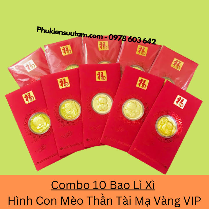 Combo 10 Bao Lì Xì Hình Con Mèo Thần Tài Mạ Vàng VIP, kích thước: 17cmx8cm, màu đỏ - SP005924