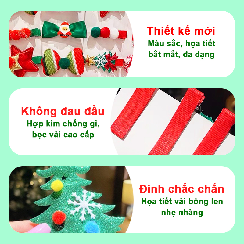 Set 5 kẹp tóc Noel đủ họa tiết đáng yêu màu xanh đỏ chủ đạo thoải mái phối đồ đi chơi Giáng sinh – NOEL004