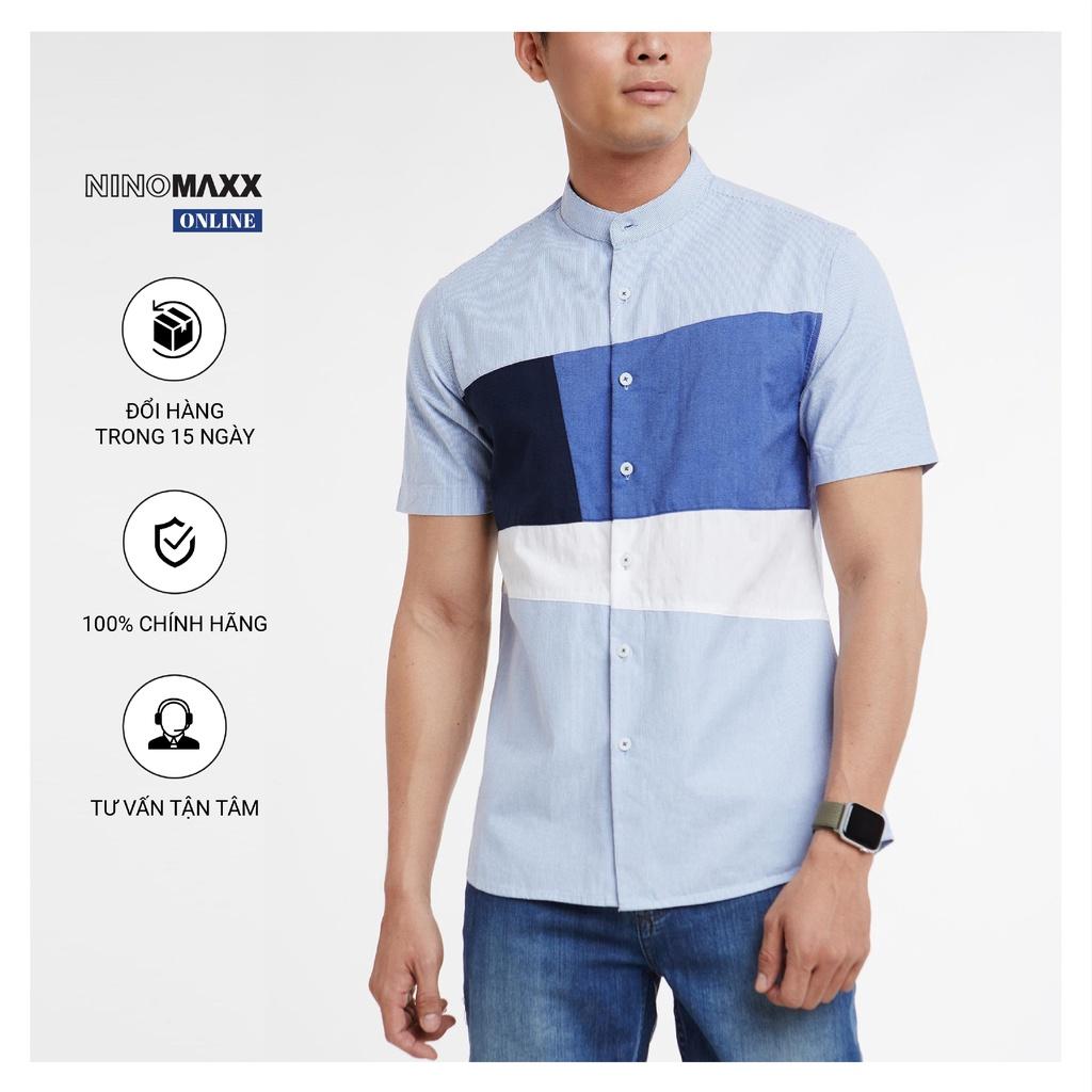 Áo Sơ Mi Nam cổ tàu Ninomaxx tay ngắn xanh dương họa tiết sọc ngang 100% cotton mã 1911060