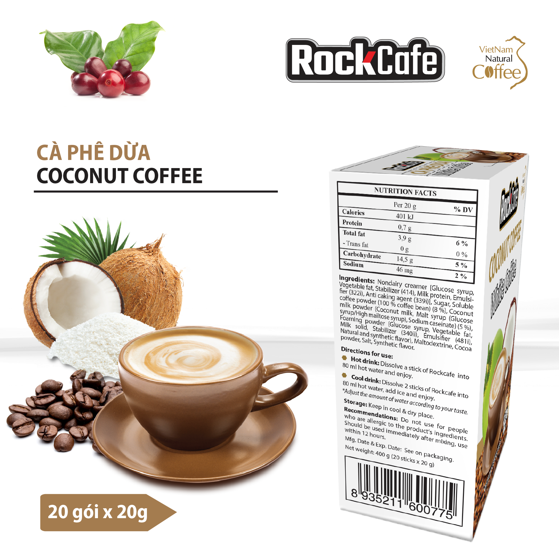 Cà phê dừa ROCKCAFE (Hộp 20 gói)