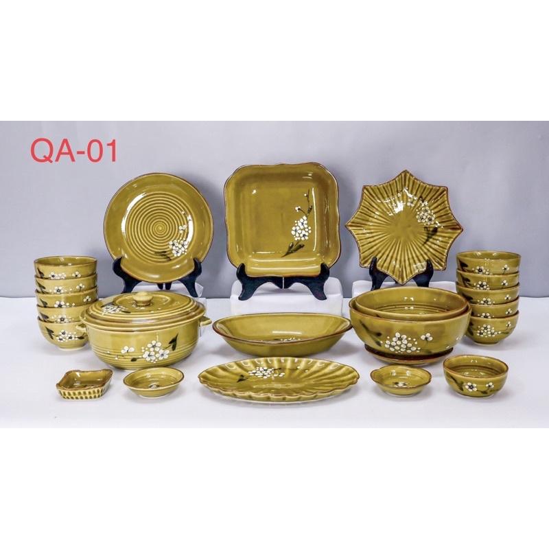 Set bát đĩa 20-21 món, men hoàng thổ. Gốm sứ Bát Tràng cao cấp.