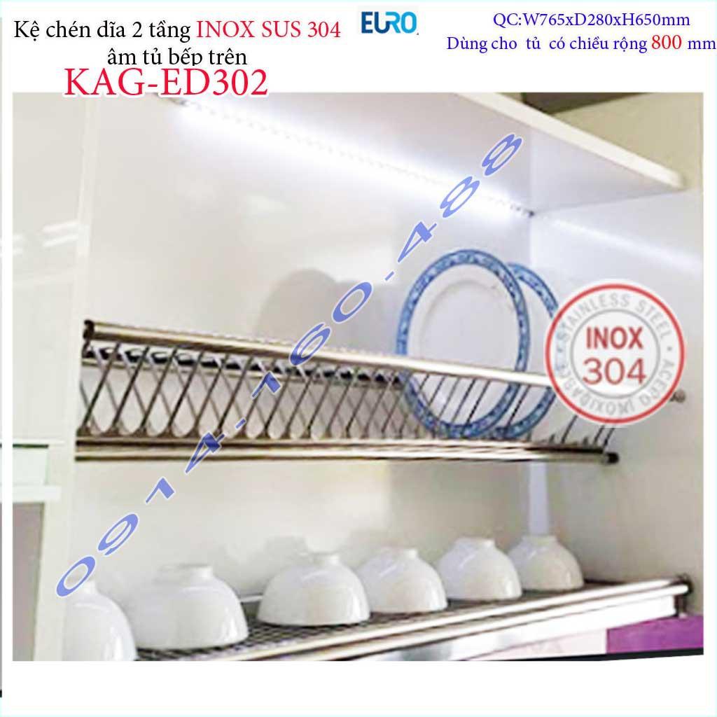 Kệ chén dĩa âm tủ KAG-ED302 -76.5cm, Kệ chén bát chữ V 2 tầng Euro SUS304 khay hứng Inox nước thiết kế đẹp tiện dụng