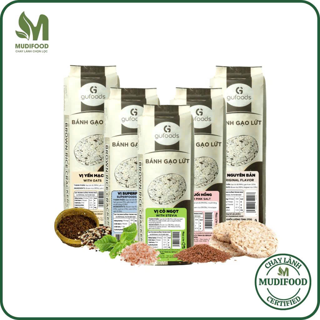 Combo 5 Gói Bánh Gạo Lứt GUfoods Mix Vị Superfoods, Cỏ Ngọt, Muối Hồng, Nguyên Bản, Yến Mạch (170g) - Ăn Vặt Healthy