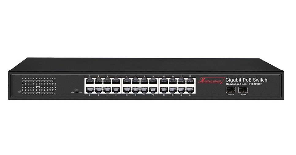 Bộ chuyển mạch 26 port unmanaged Gigabit Ethernet switch, 24 port Gigabit PoE, 2 SFP, 400W power supply - Xmethod Network - Hàng chính hãng