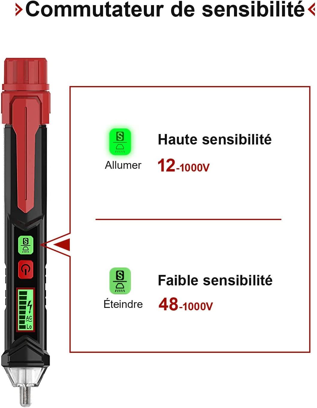 Máy dò điện áp không tiếp xúc, Máy kiểm tra điện áp với độ nhạy kép 12V / 48V-1000V, Màn hình LCD, Kiểm tra dây trung tính / trực tiếp, Đèn pin, Báo động âm thanh