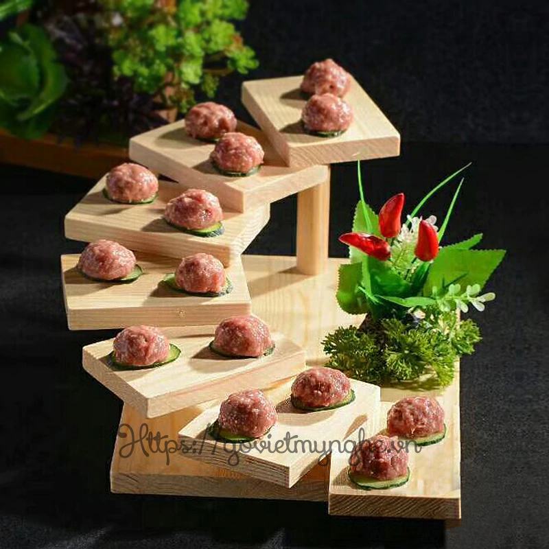 Khay sushi gỗ trang trí món ăn sushi Nhật Bản hình bậc thang 7 tầng - Gỗ thông nhập khẩu