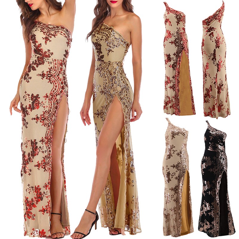 Sexy Women Sequins Dress One Shoulder Backless High Split Hem High Waist Bodycon Elegant Maxi Formal Dress