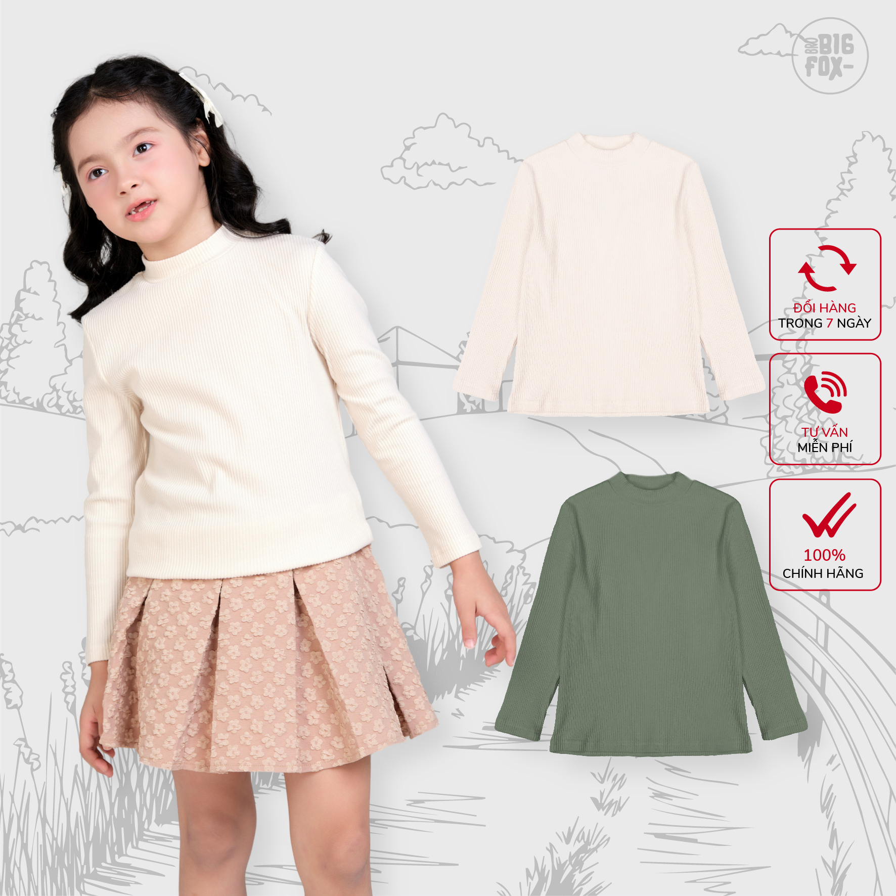 Áo giữ nhiệt cho bé gái cổ cao Bigfox Miss Meow size đại mùa thu đông vải nhung tăm trẻ em 3-11 tuổi