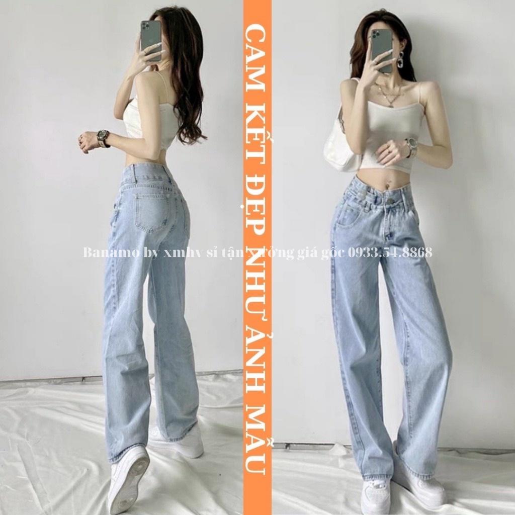 Quần jean nữ ống rộng cạp cao phối móc khóa cực chất thời trang Banamo Fashion jean nữ ống rộng phối kiểu móc khóa 9611