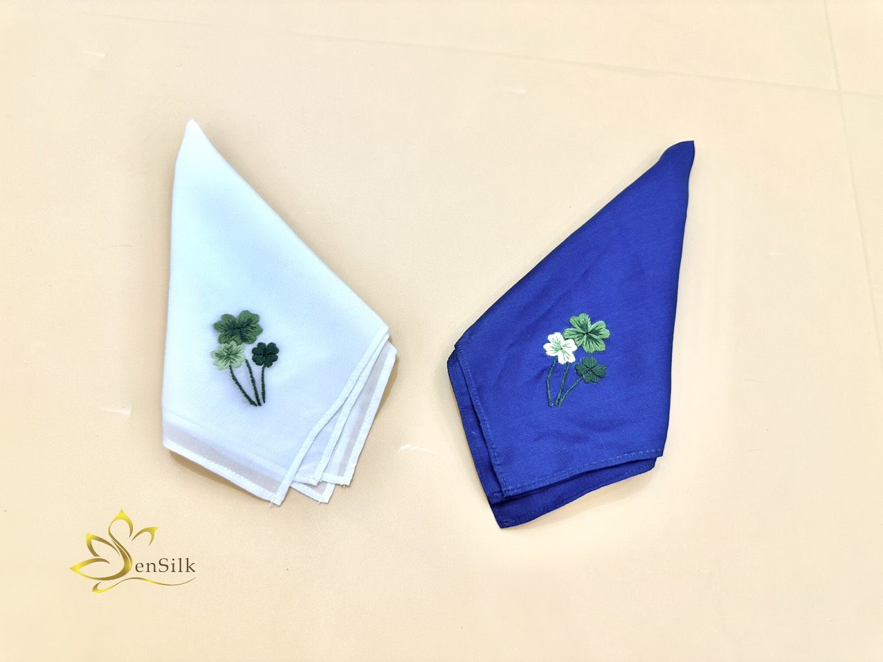 Silk Handkerchief 100% Handmade Embroidery - Khăn Tay Thêu Lụa Cỏ 4 Lá - Quà Tặng Trái Tim SenSilk - Best Seller Vienam Gift