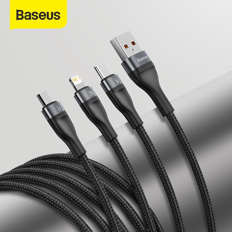 Cáp sạc nhanh 3 đầu Baseus Flash Series 3 in 1 (USB to Type C/ Lightning/ Micro, 5A/40W Quick Charging & Data Cable) - Hàng chính hãng
