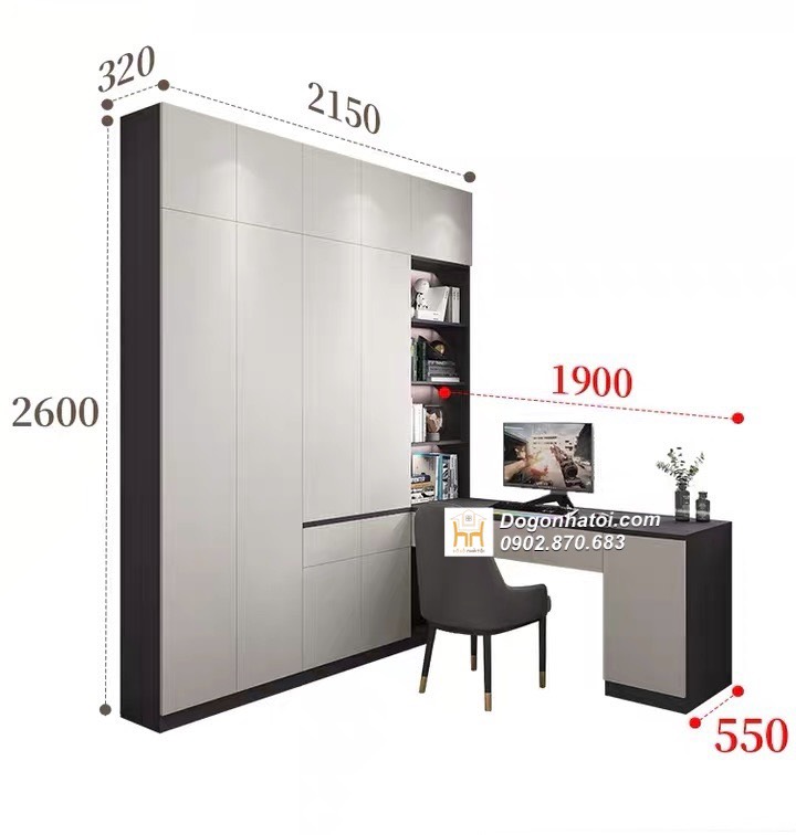 Bàn học kèm tủ quần áo góc chữ L - TA215