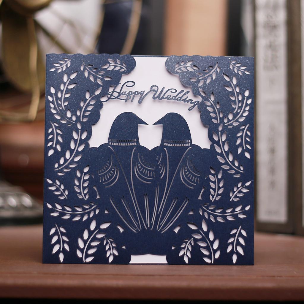 10 Sets Couple Birds Wedding Invitation Cards with Envelopes and Seals Blue