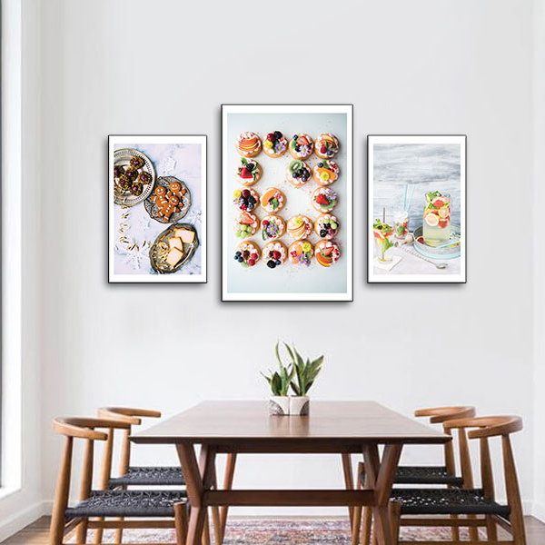 Bộ 3 Tranh Phòng Bếp Bánh Và Hoa Quả Canvas Có Viền W1198