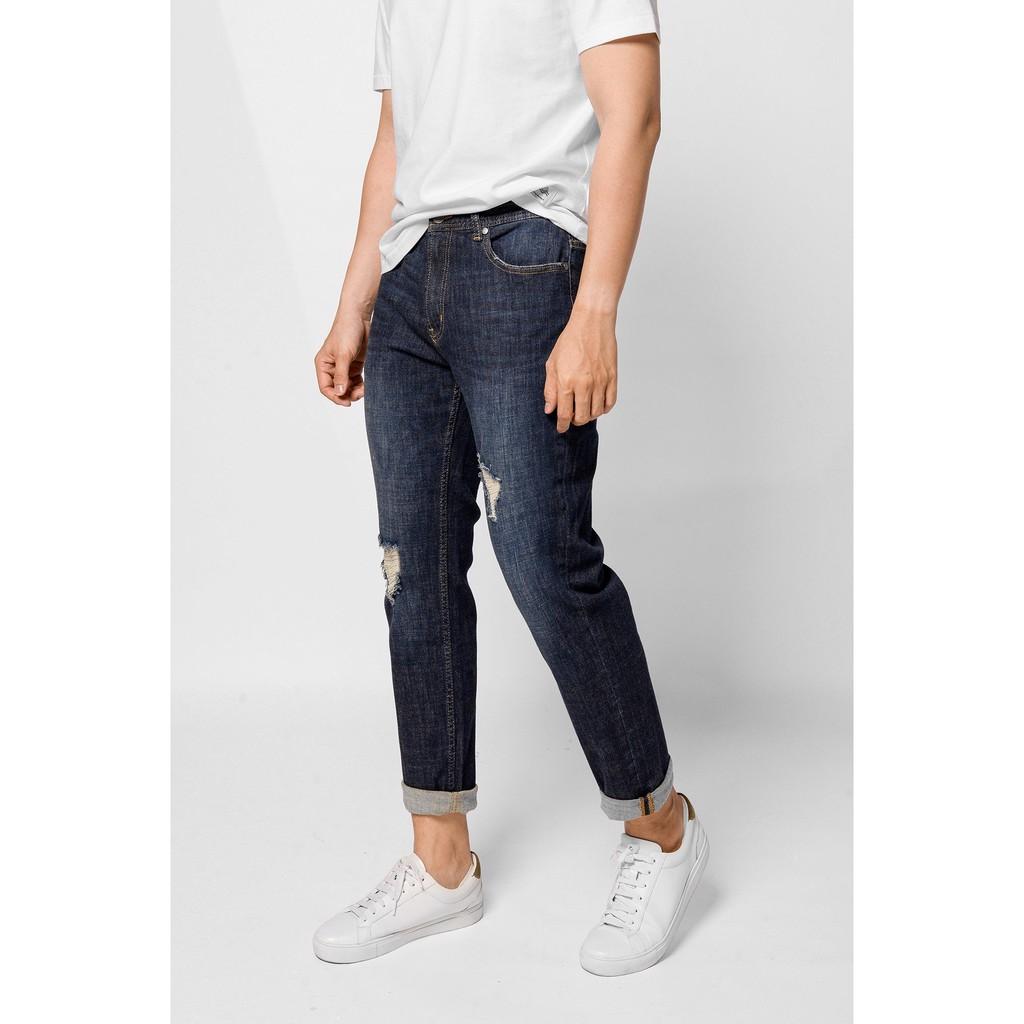 Quần jean nam màu Xanh đậm rách form slim crop - 10S20DPA047 shop LASTORE