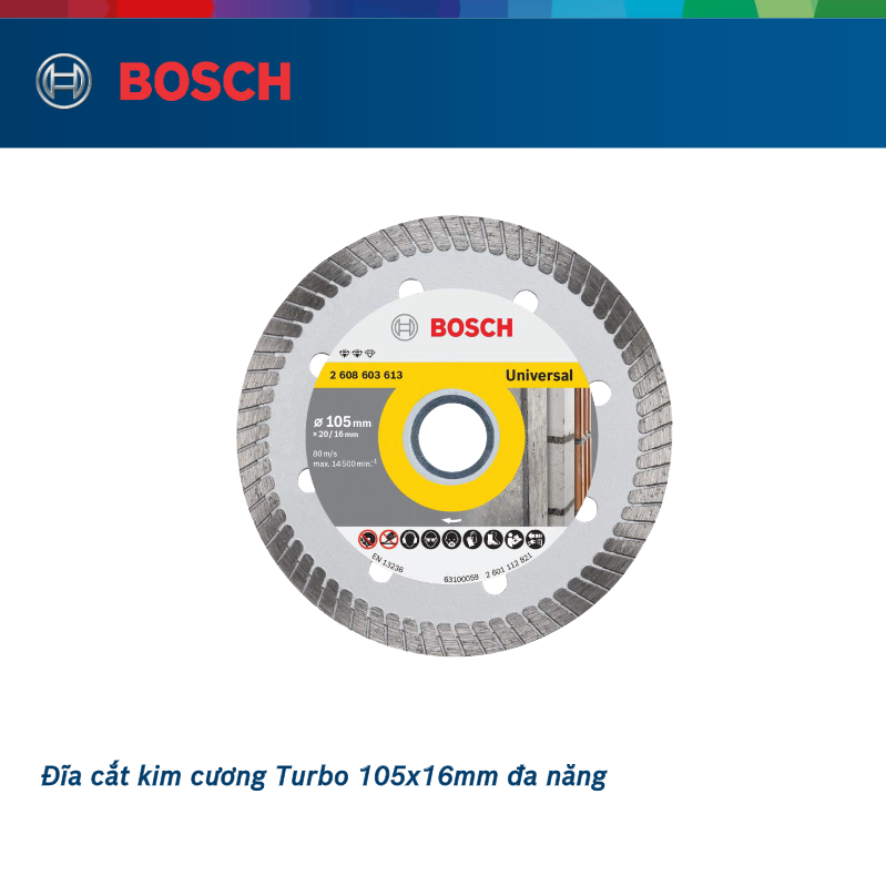 Combo Máy mài góc Bosch GWS 750-100 và Đĩa cắt kim cương Turbo 105x16mm đa năng