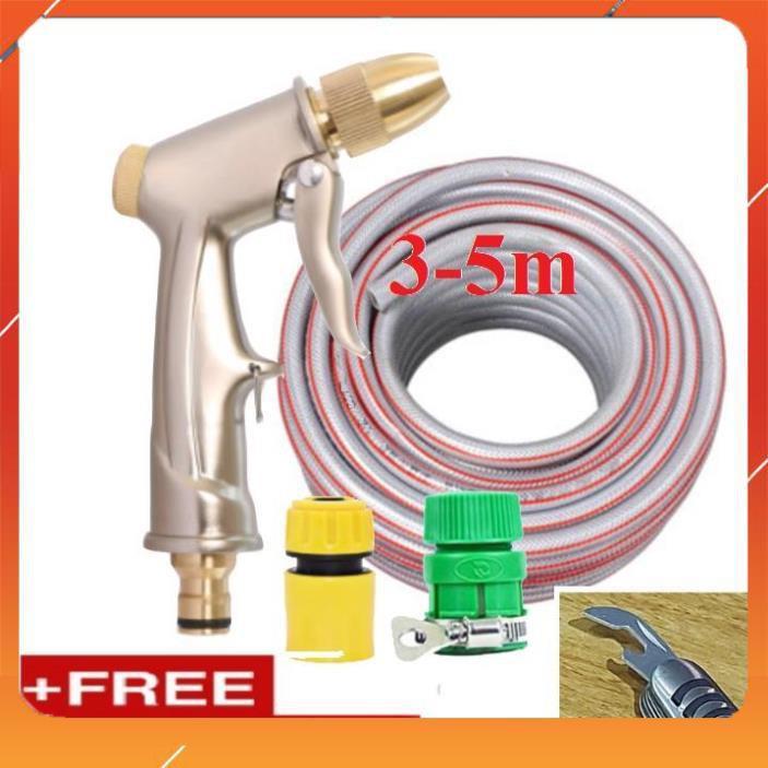 Bộ dây vòi xịt nước rửa xe, tưới cây ,tăng áp 3 lần,loại 3m,5m 206701-1 đầu đồng,cút nối nhựa vàng+ mở chai