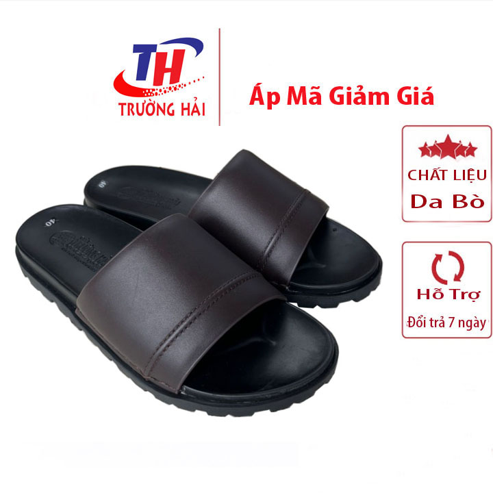 Dép nam quai ngang đế cao 3cm da bò thật màu nâu chính hãng Trường Hải DN14