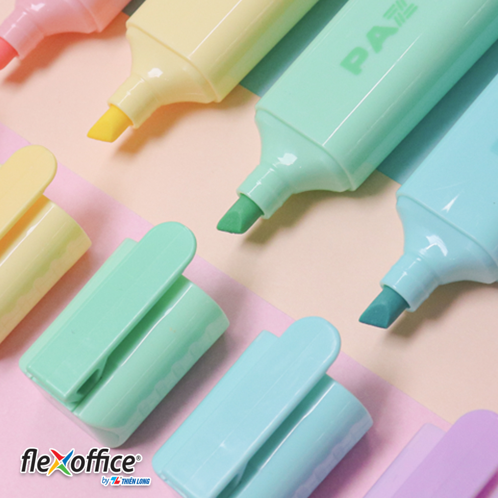 Bút dạ quang màu Pastel Thiên Long Flexoffice Pazto FO-HL009/VN - Bút dạ quang rửa được - Không để lại vết khi Photocopy