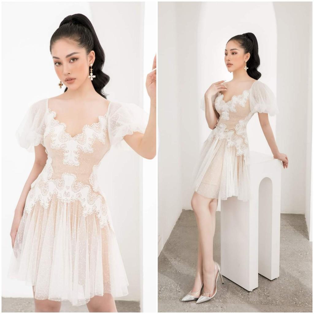 Đầm dự tiệc sang trọng dáng xòe tay phồng chất liệu ren cao cấp Rabbit
