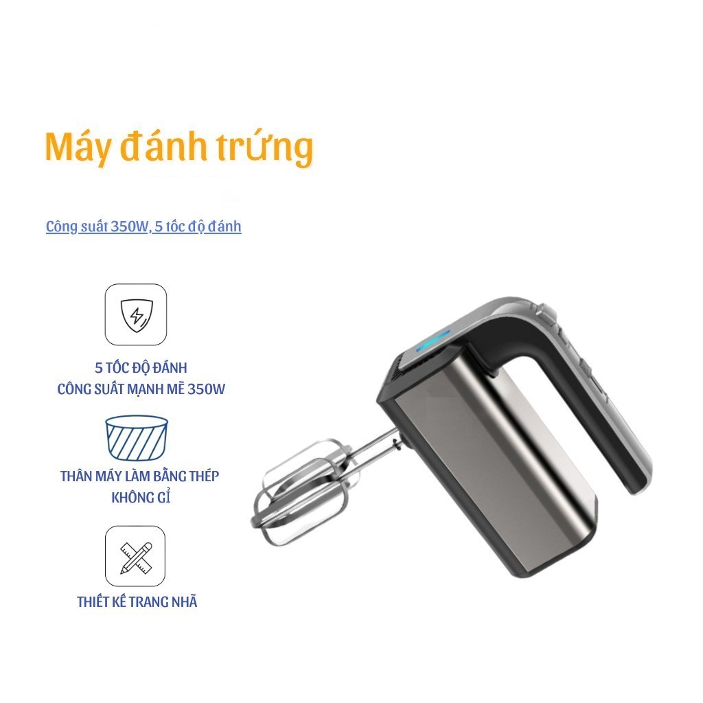 Máy đánh trứng trộn bột cầm tay mini 5 tốc độ tăng cường 350W 2 que đánh trứng 2 que trộn bột inox cao cấp