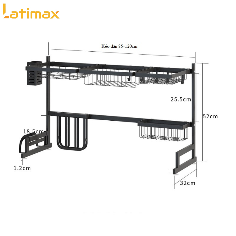 Kệ Chén Inox - Kệ Bếp, Kệ Úp Chén, Kệ Để Chén Bát Trên Bồn Rửa Sơn Đen Tĩnh Điện Cao Cấp - 85cm