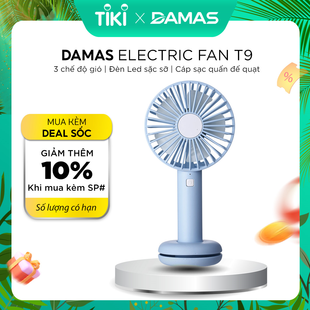 Quạt Điện Mini Cầm Tay Tích Điện Damas T9 - Thiết kế với 3 chế độ gió, đèn Led 7 màu siêu đẹp mắt, kiểu dáng nhỏ gọn tiện lợi, có thể cầm tay, để bàn tiện dụng - Hàng Chính Hãng