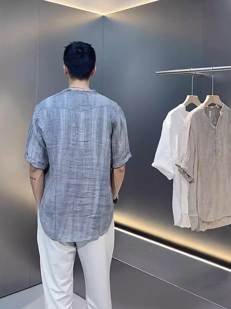 Áo sơ mi đũi nam retro ngắn tay cổ tàu mẫu mới cao cấp