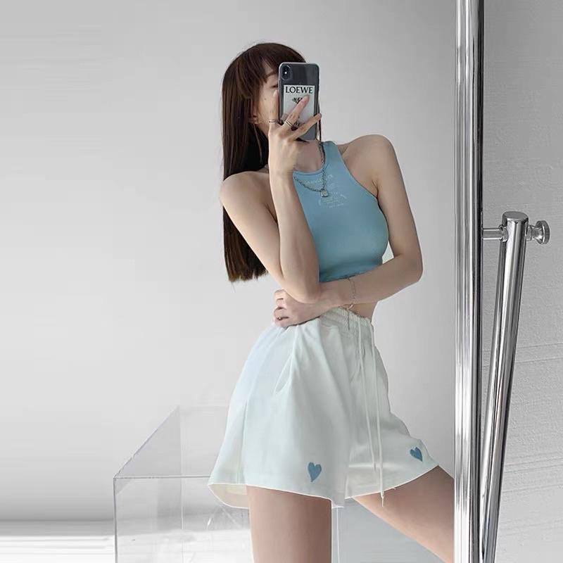 Quần Đùi Nữ Ống Rộng Thêu Trái Tim Cạp Chun Co Dãn 4 Màu