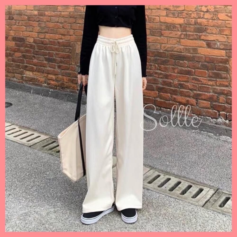 Quần len nữ ống suông rộng cạp chun culottes gân tăm free size chất mát Sollle
