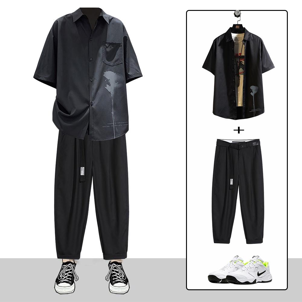 Combo Áo Sơ Mi Ngắn Tay Họa Tiết Hoa Hồng Phai Kết Hợp Quần Baggy Stylemarven - SOMI 041 + JOGGER 066