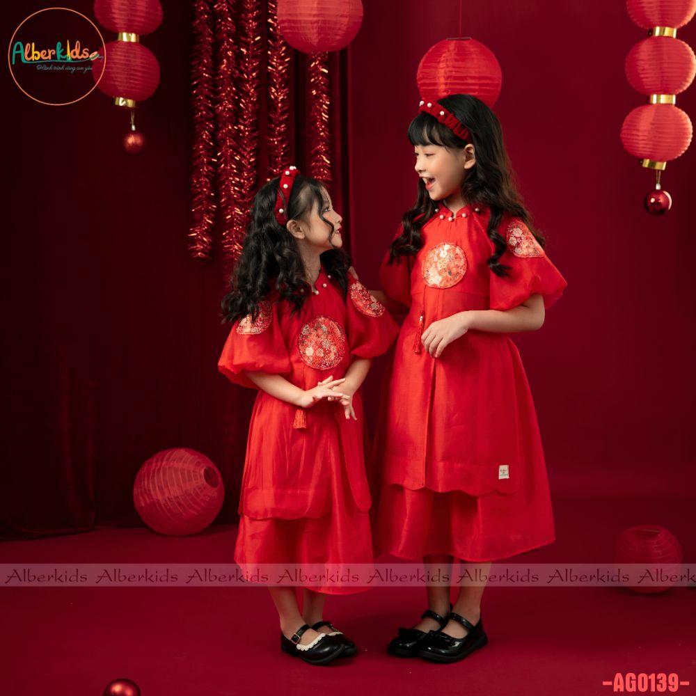 Áo dài bé gái ALBERKIDS ĐỎ, VÀNG nhật nguyệt 2 lớp cho trẻ em 2,3,4,5,6,7,8,9,10,11,12 tuổi