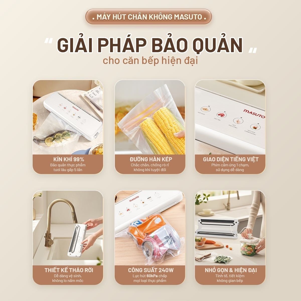 Máy hút chân không thực phẩm Masuto MSSMaster Không Kén Túi, hút siêu mạnh 60kPa, mối hàn kép 4mm hàn miệng túi siêu chặt - Hàng chính hãng