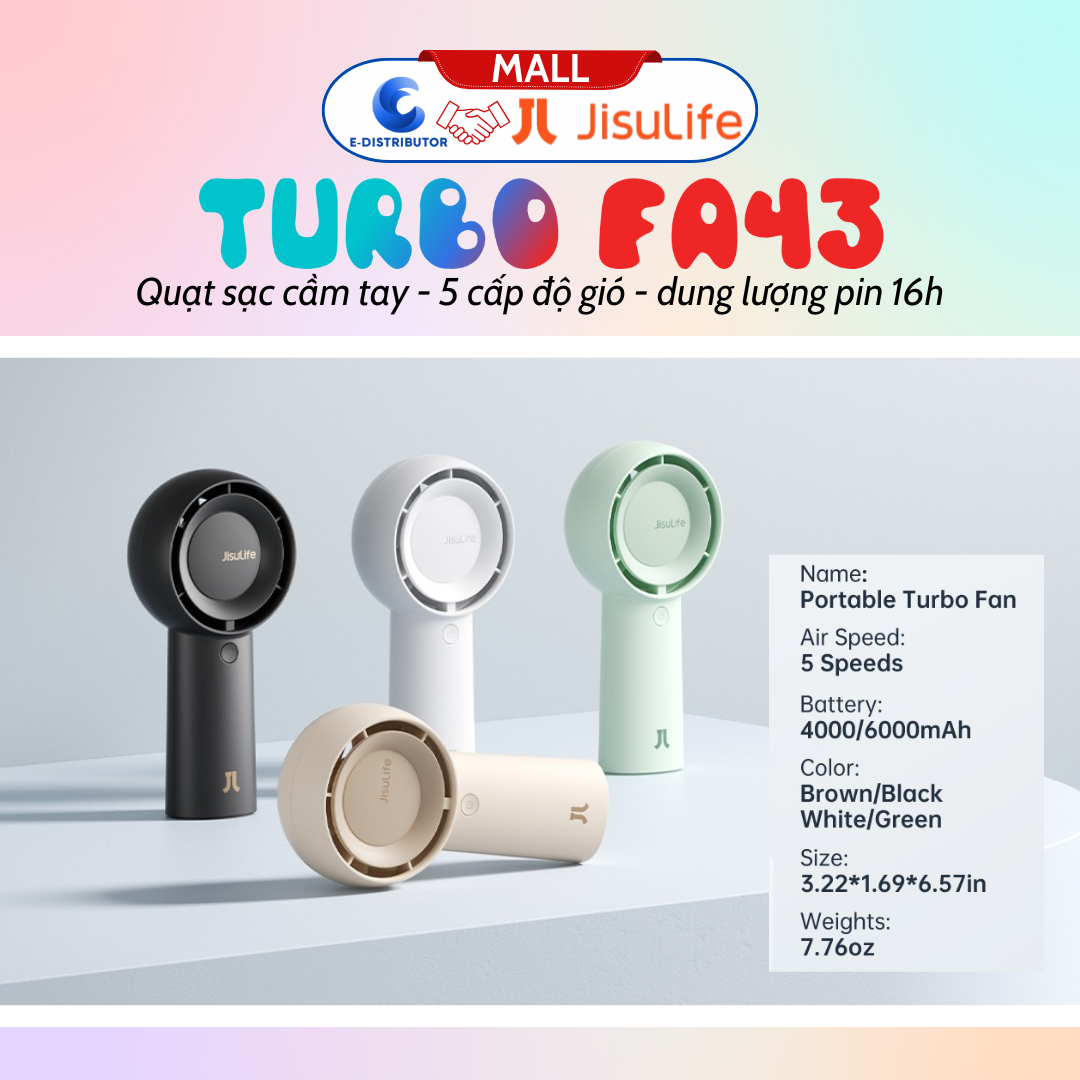 Quạt sạc mini cầm tay Jisulife FA43 pin 16 giờ, 5 cấp độ gió - Dung lượng 4000mAh - Hàng chính hãng