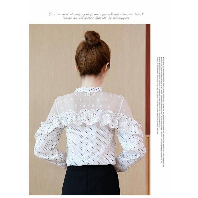 Áo sơ mi chấm bi cổ nơ- sơ mi điệu đà cho bạn gái