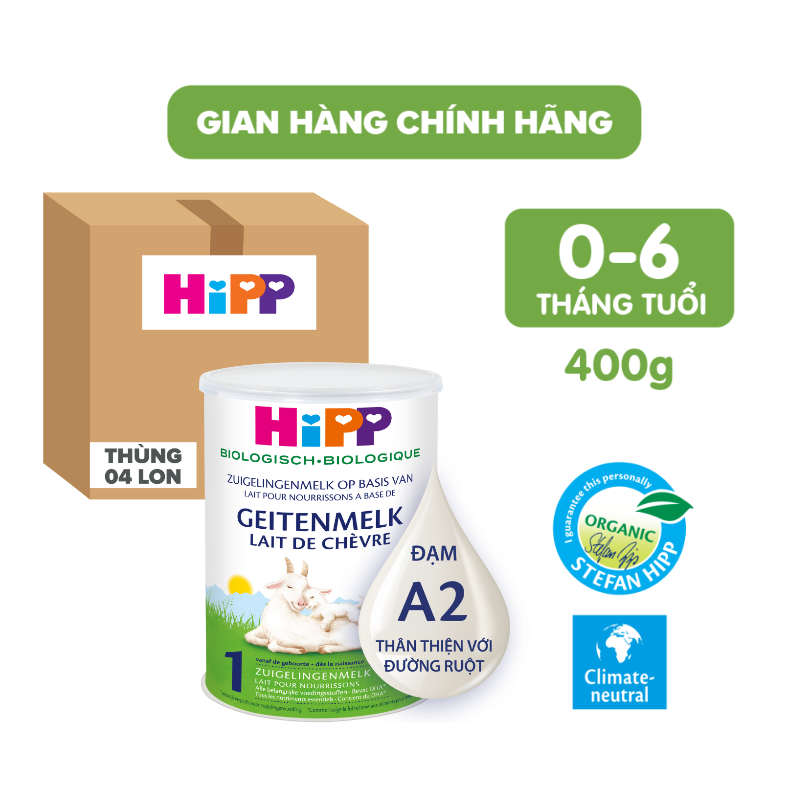 Thùng 4 lon sữa dê HiPP 1 Organic 400g - Nhập khẩu Đức, giúp bé phát triển chiều cao, trí não, tăng cường hấp thu