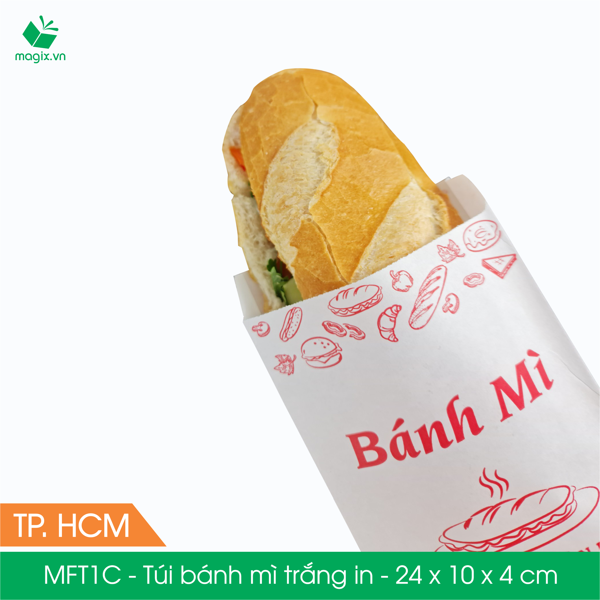 MFT1C - 24x10x4 cm - 100 Túi giấy bánh mì trắng có in