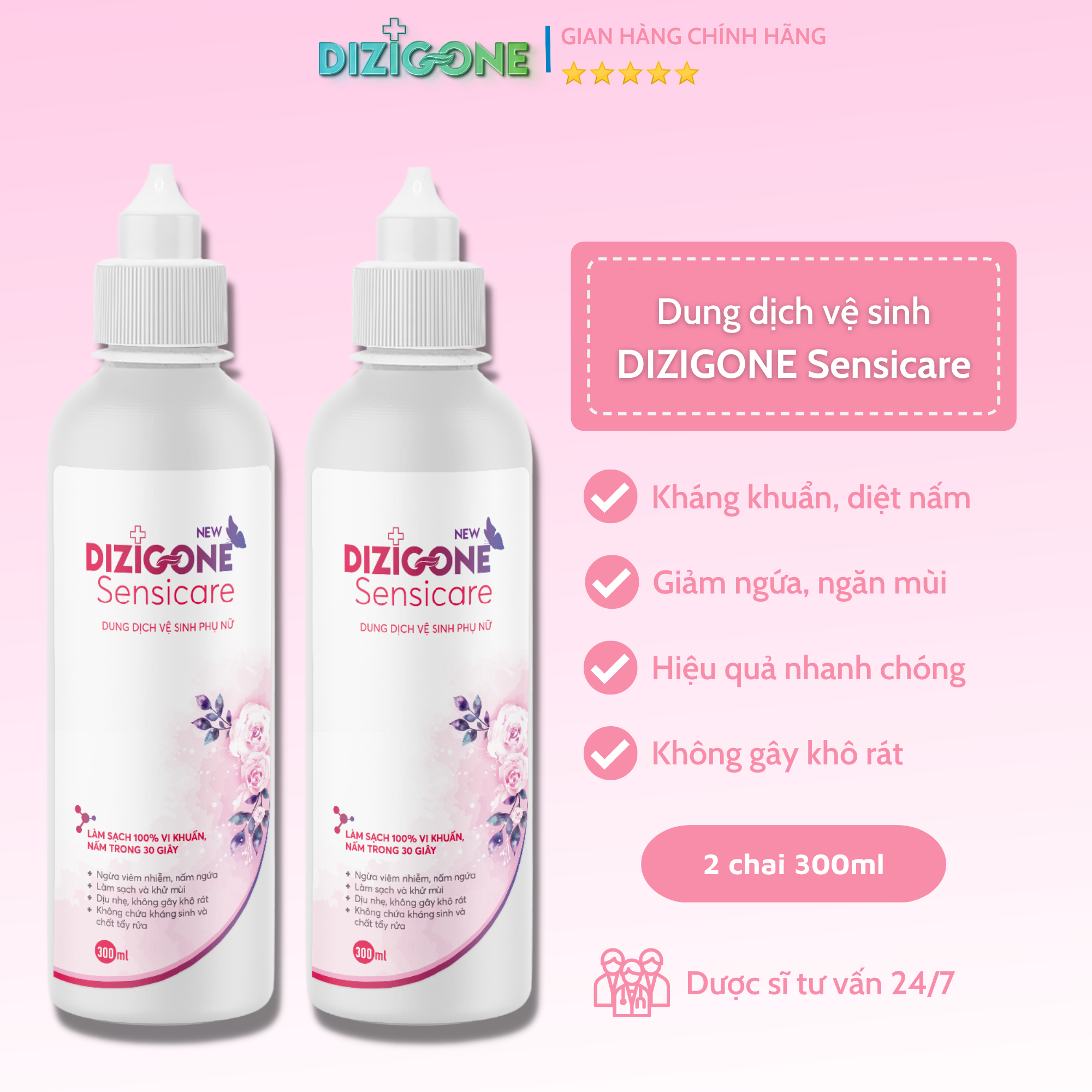COMBO 2 Dung dịch vệ sịnh phụ nữ DIZIGONE Sensicare 300ml: Hết nấm ngứa, giảm khí hư, khử mùi hôi