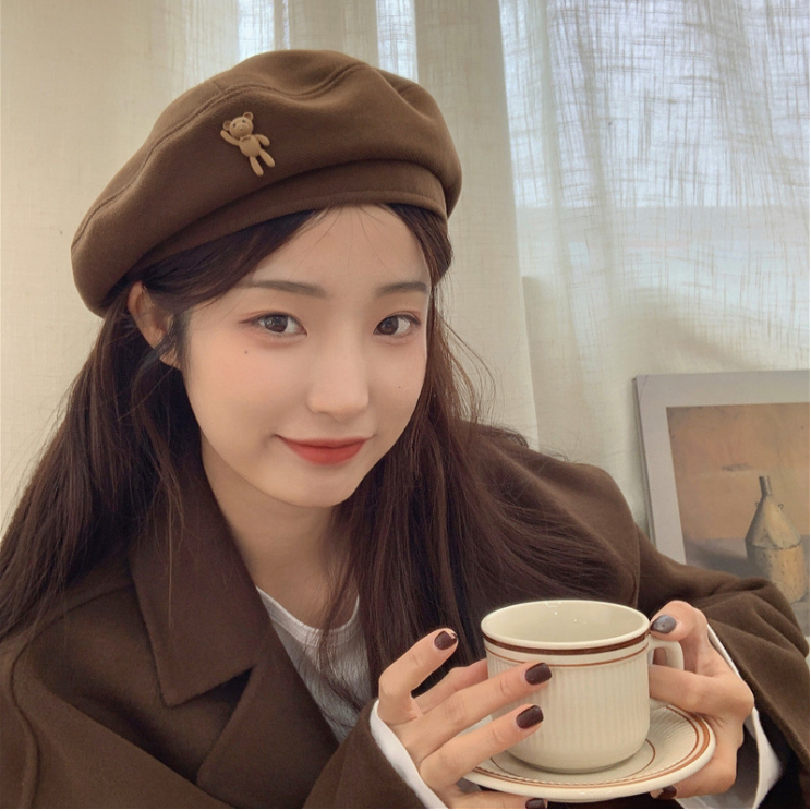 Mũ nồi beret vải nữ tính gắn gấu dễ thương Vintage đội đầu phối đồ đi học đi chơi thu đông xinh giá rẻ