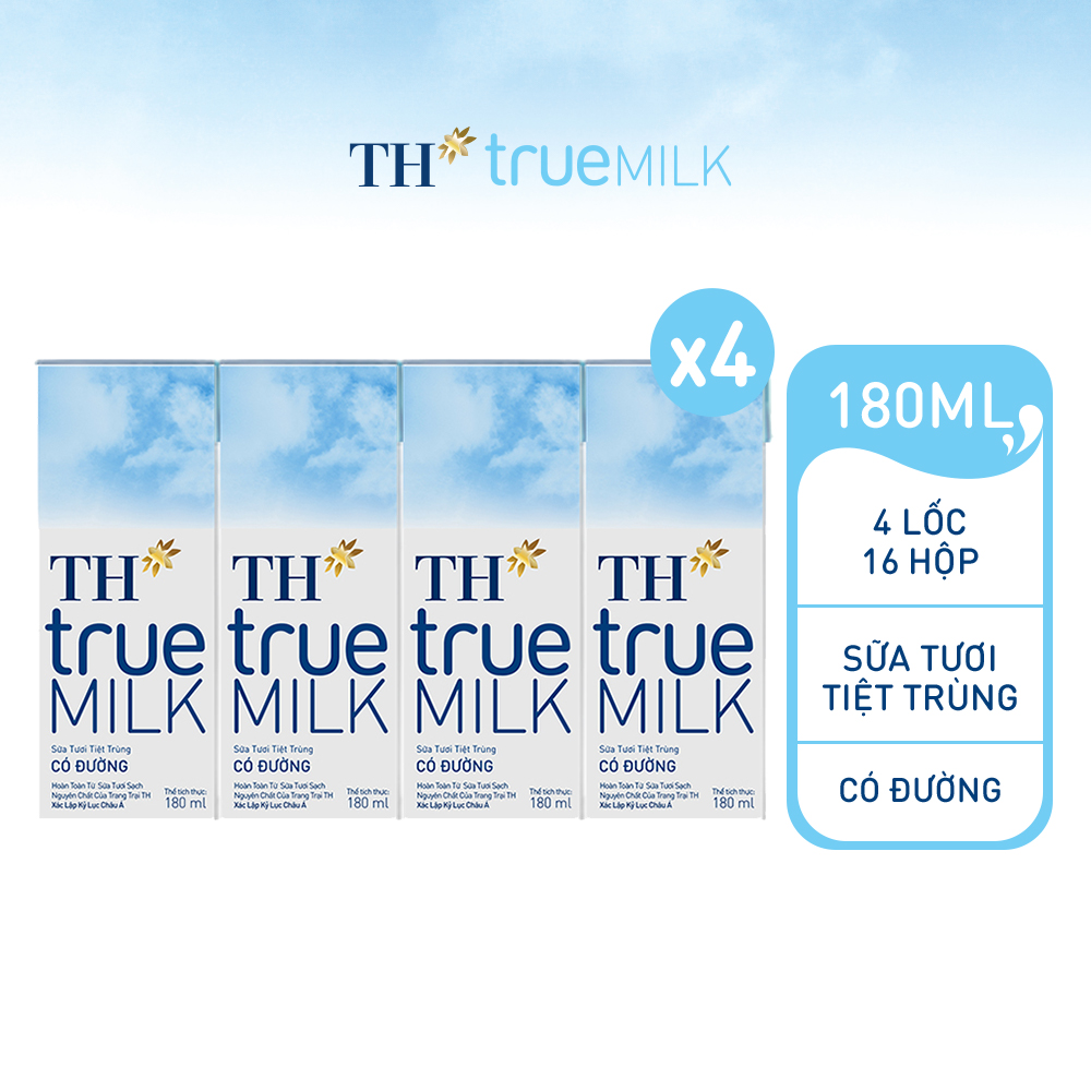 4 Lốc sữa tươi tiệt trùng có đường TH True Milk 180ml (180ml x 4 hộp)