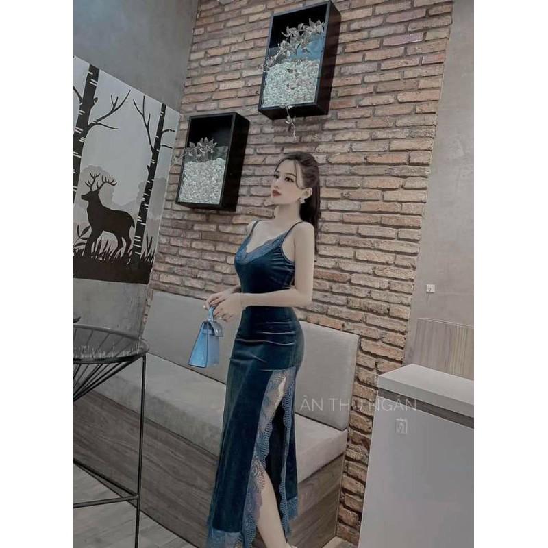 Đầm maxi 2 dây nhung viền ren