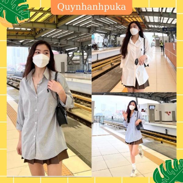 Áo Sơ Mi Công Sở Nữ Kẻ Sọc, Tay Lỡ, Phong Cách Hàn Quốc, Chất Kate Mềm Mịn, Quynhanhpuka