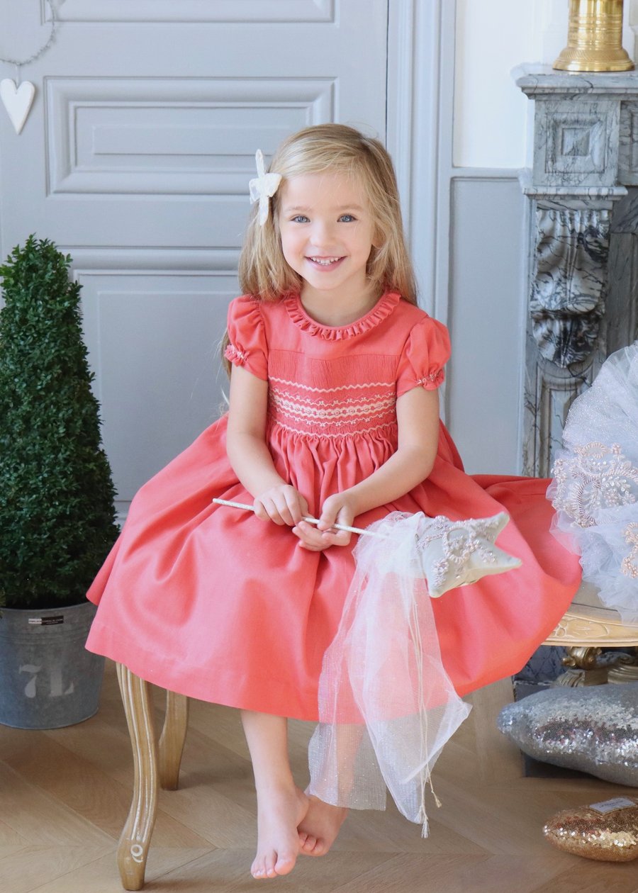 Đầm smock bé gái cotton cao cấp váy móc xích tiểu thư cho bé dự tiệc màu hồng cam Pansies Kids V0030