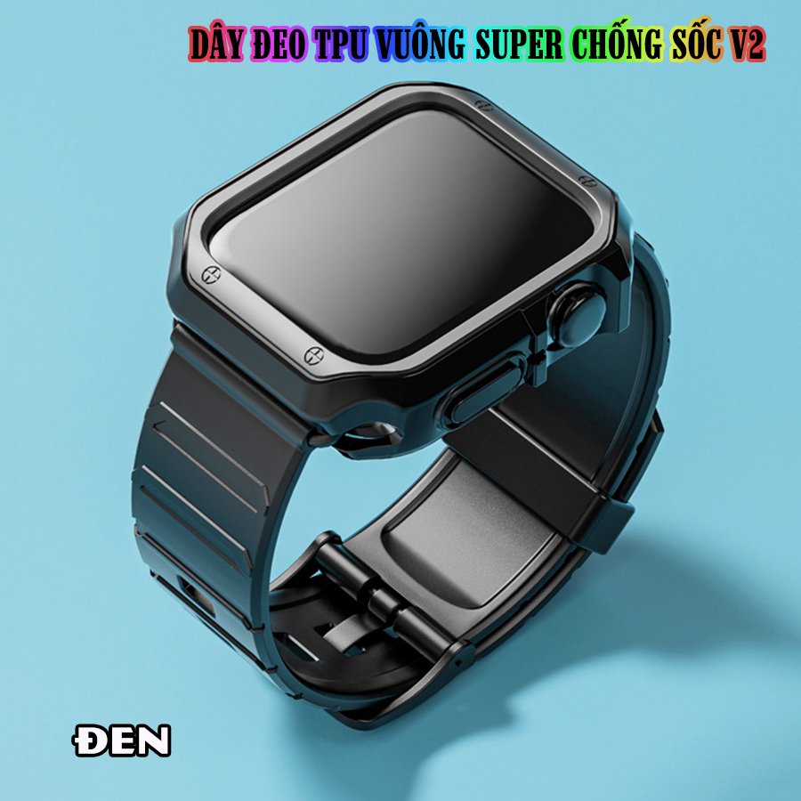 Dây Đeo khung ốp rời dành cho Apple Watch size 38/40/42/44mm TPU vuông SUPER chống sốc V2 - Đen (tặng dán KCL theo size)