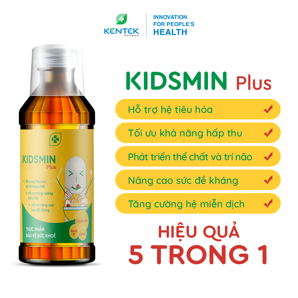 Siro ăn ngon KENTEK PHARMA | Kidsmin Plus bổ sung dinh dưỡng, tăng hệ miễn dịch, phát triển toàn diện cho trẻ còi xương (Chai 100ml)