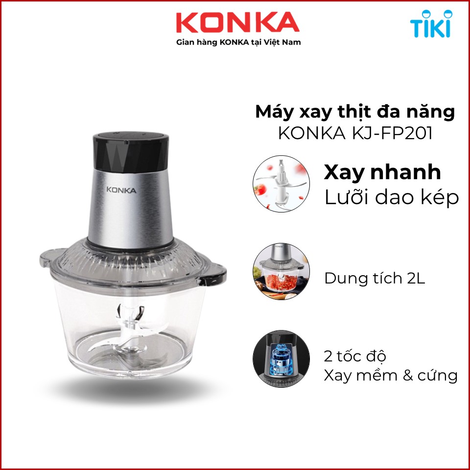 Máy xay thịt đa năng KONKA KJ-FP201 Cối thủy tinh 2 Lít với 4 lưỡi inox 304 Công Suất 250W - HÀNG CHÍNH HÃNG