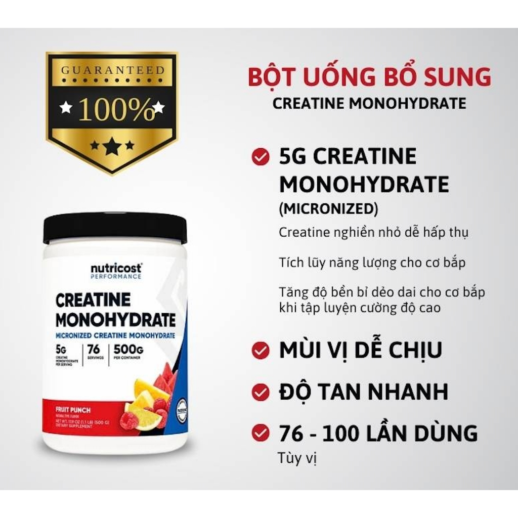 Nutricost Creatine Monohydrate (500G), Hỗ Trợ Tăng Sức Mạnh Cơ Bắp, Phục Hồi Năng Lượng