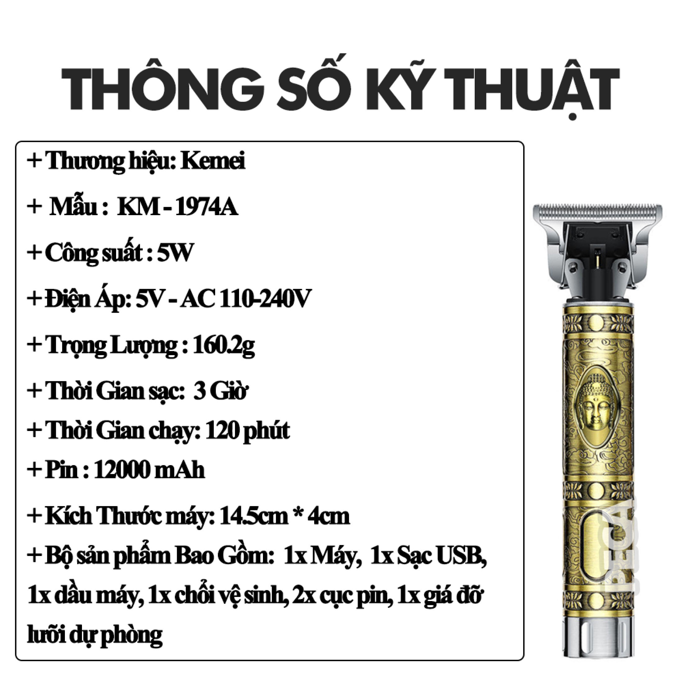 Tông đơ chấn viền không dây KEMEI KM-1974A sử dụng 2 viên pin thay thế tiện lợi, thích hợp sử dụng cạo đầu, cạo trắng tattoo điêu khắc tóc chuyên nghiệp