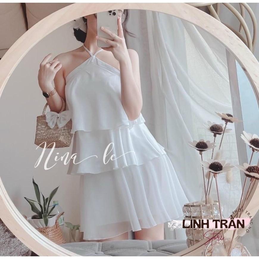 Đầm Trắng Cổ Yếm 3 Tầng Váy Nữ Hở Vai Dáng Xòe Chất Lụa 