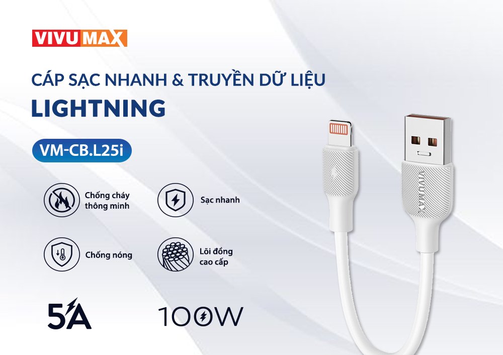 Cáp sạc nhanh 5A Vivumax L25i dài 25cm, thích hợp dùng pin sạc dự phòng, loa Bluetooth… Hàng Chính Hãng, Bảo Hành Chính Hãng